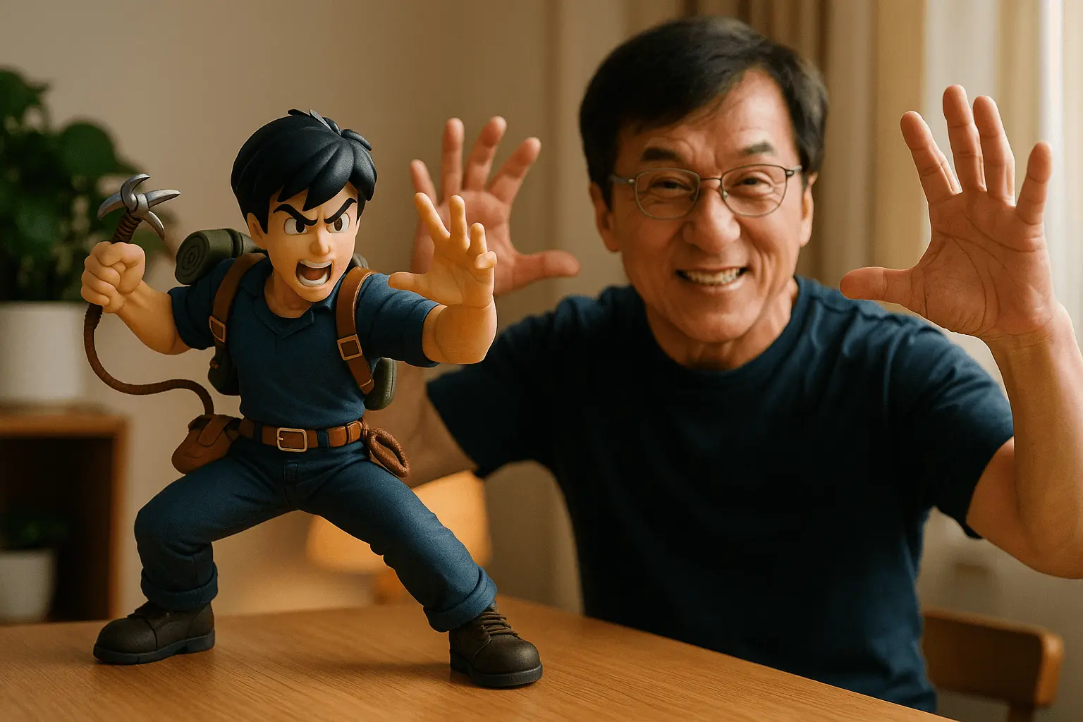 Action Figure and Real Person in the Same Frame prompt preview