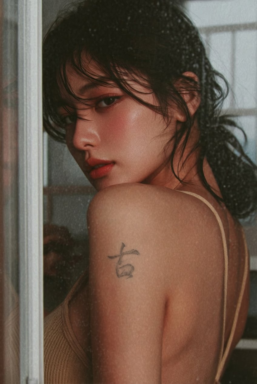 A young East Asian woman (early 20s) in a tight close-up half-body portrait prompt preview